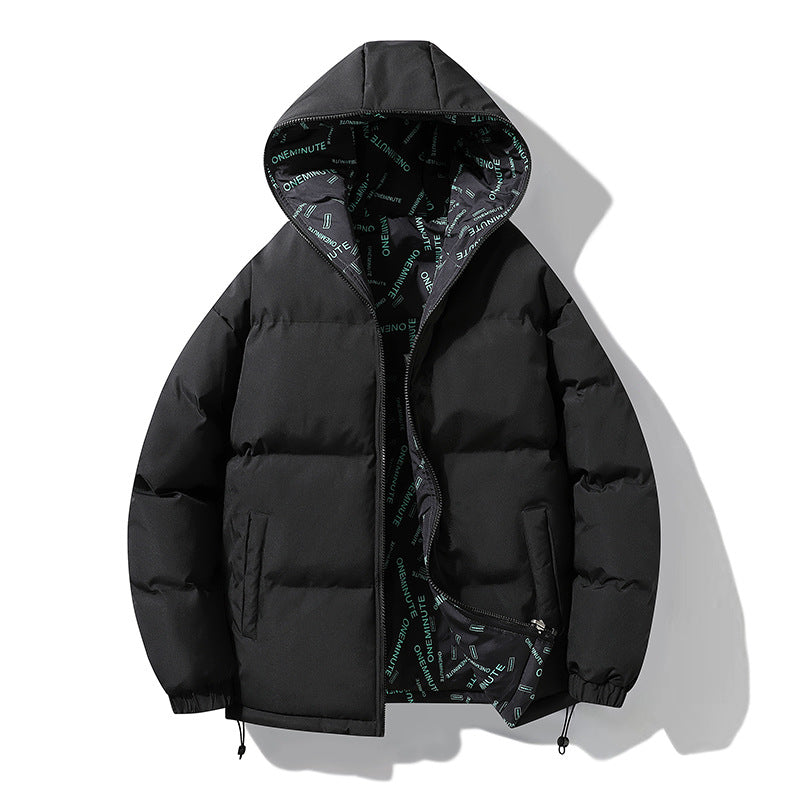 A black hooded puffer jacket with a green and black patterned lining, displayed on a clean white background with a soft shadow.
