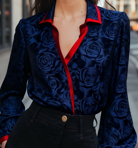 Urban Light Luxury Style Red-Edged Color-Block Puff Sleeve Shirt For Women - cas7m
