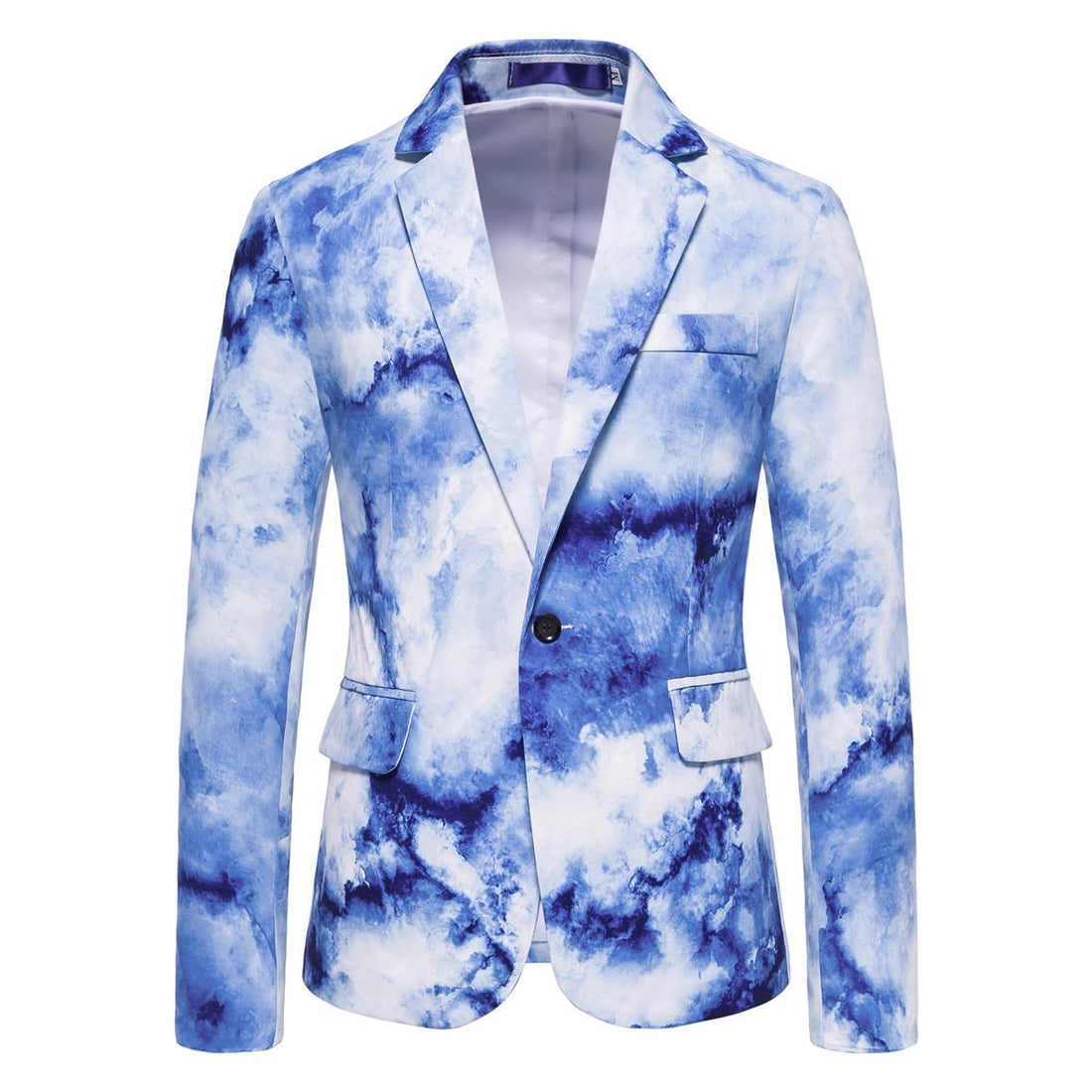 Blue and white tie-dye blazer on a white background