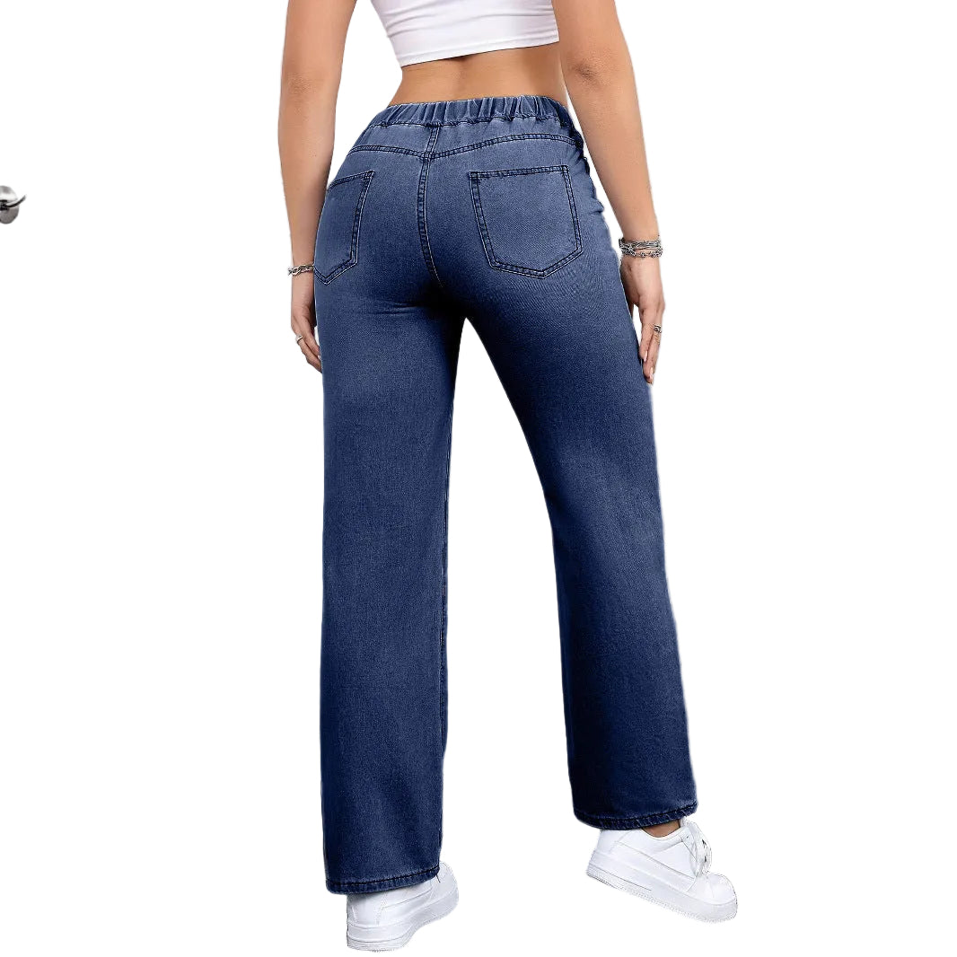 Oversized Jeans Drawstring Elastic Waistband Plain Washed Blue Casual - cas7m