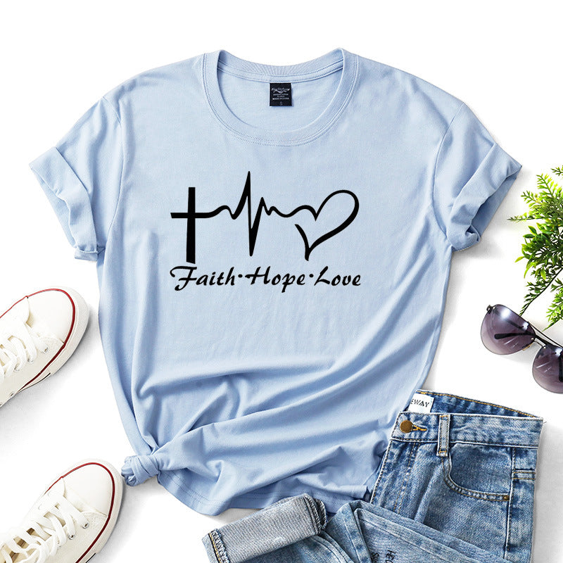 Faith Hope Love Letter Short-sleeved Cotton Bottoming Shirt - cas7m