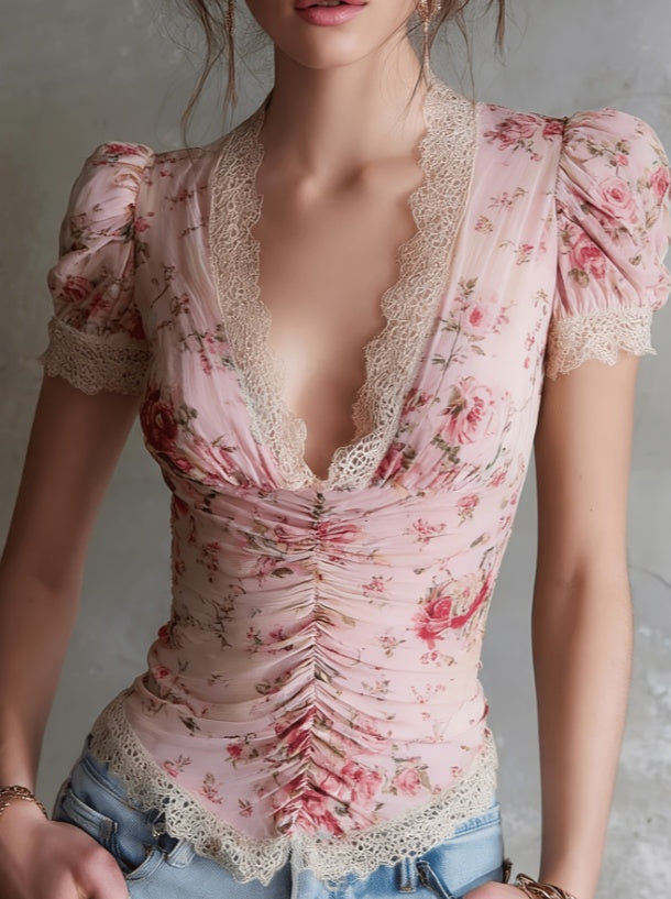 French Retro Style Lace Patchwork Printed Puff Sleeve Top For Women - cas7m
