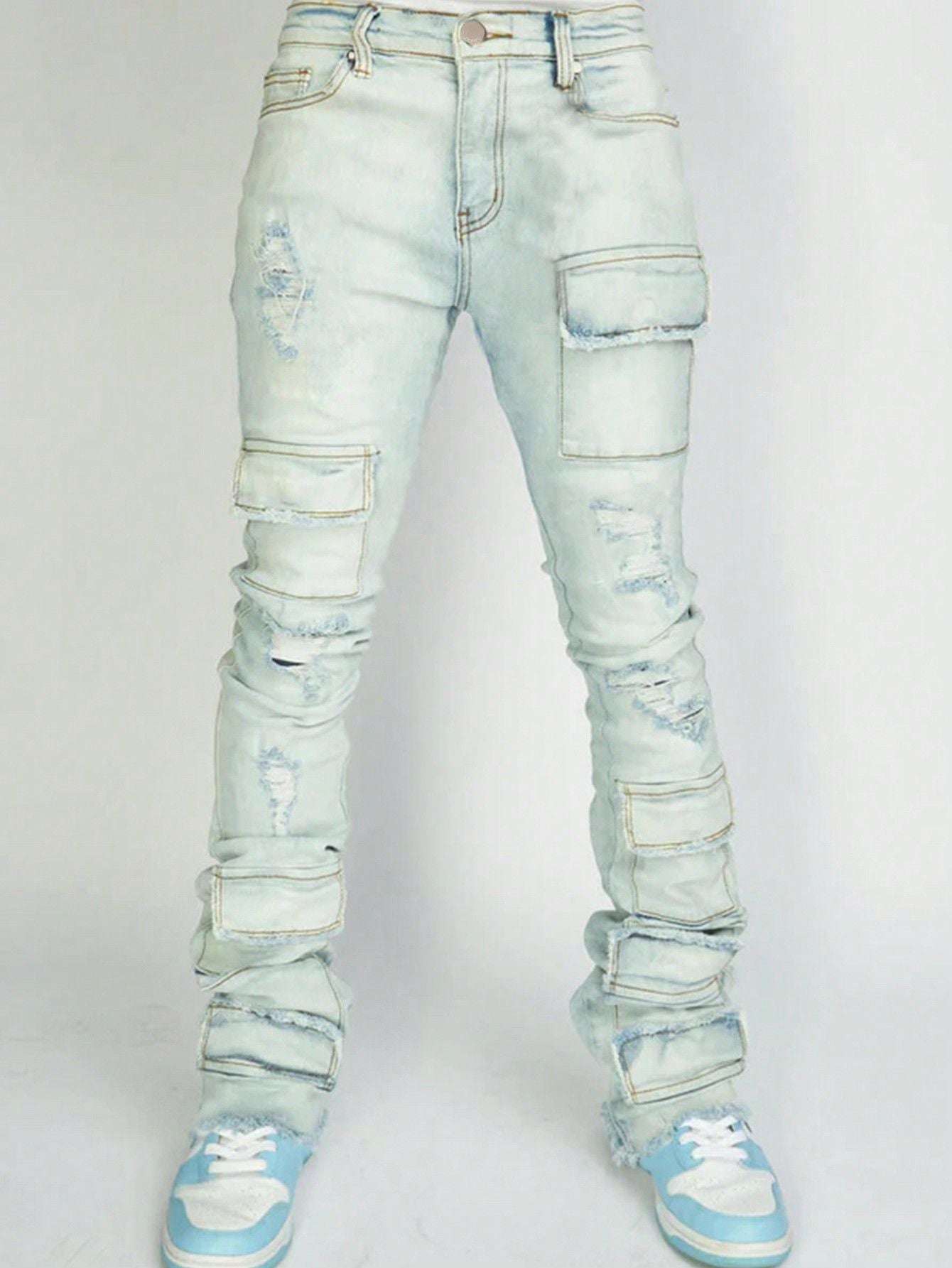 Men's Denim Straight-leg Overalls European And American Fashion Stretch Ripped Laminated Micro-pull Pants - cas7m