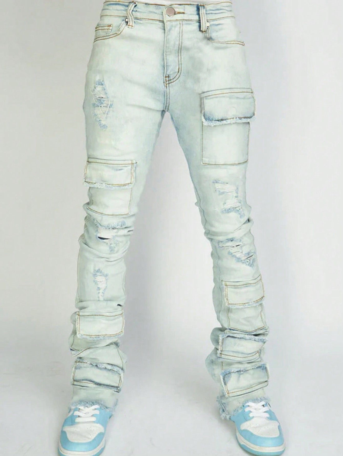Men's Denim Straight-leg Overalls European And American Fashion Stretch Ripped Laminated Micro-pull Pants - cas7m
