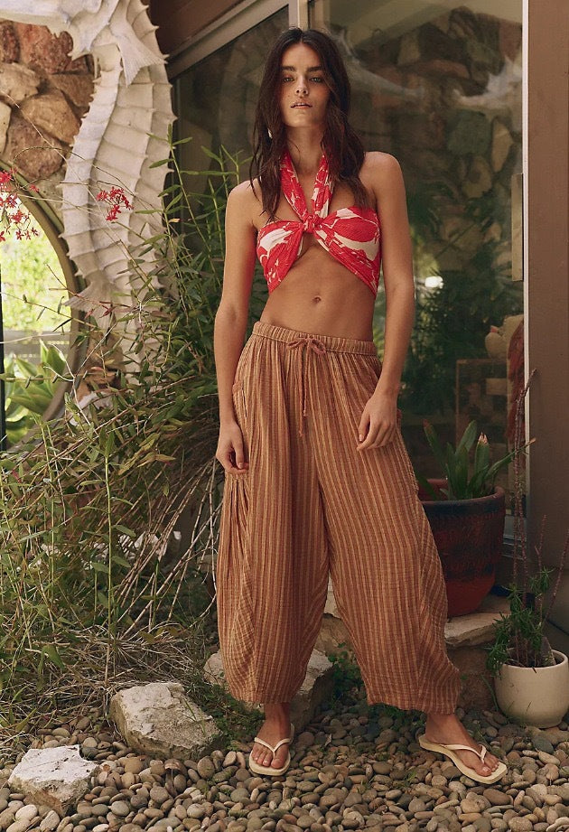 Striped Straight-leg Pants Elastic Waist Cropped Pleated Pants - cas7m