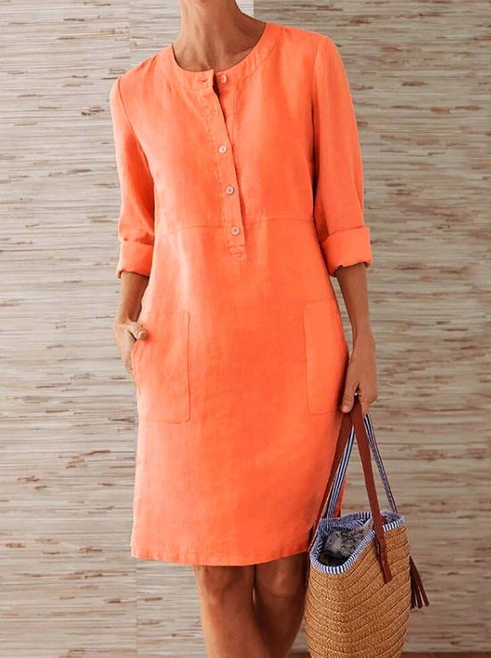 Plus Size Women's Cotton And Linen Round Neck Long Sleeve Dress - cas7m
