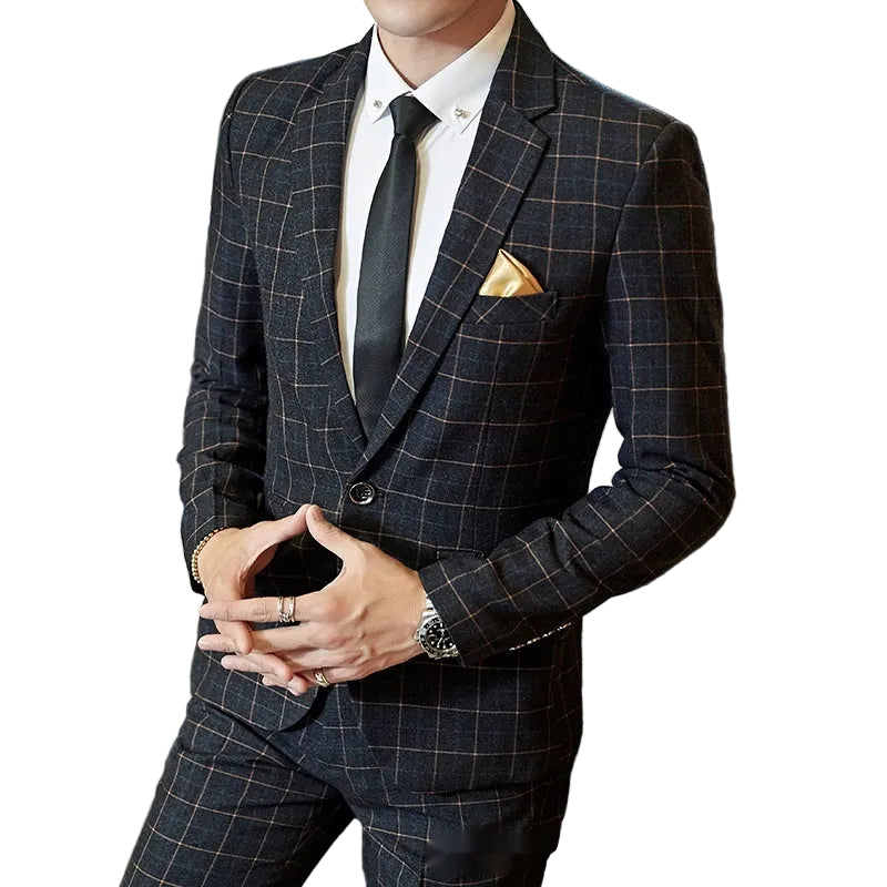 Men's Korean-style Business Suit Slim-fit Plaid Casual Wear - cas7m
