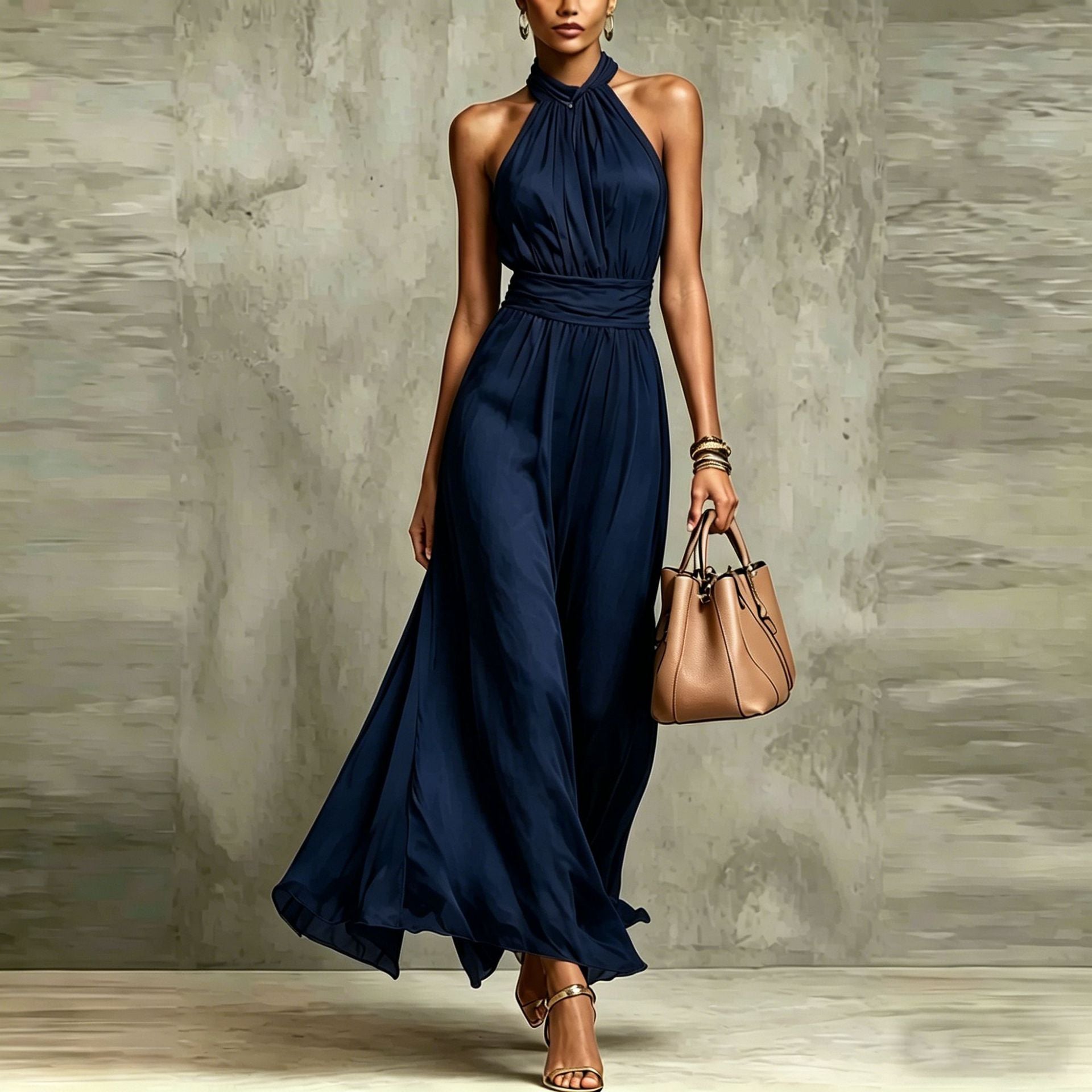 Resort-style Waist-cinching Figure-flattering Pleated Dress - cas7m