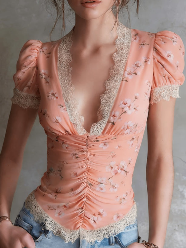 French Retro Style Lace Patchwork Printed Puff Sleeve Top For Women - cas7m