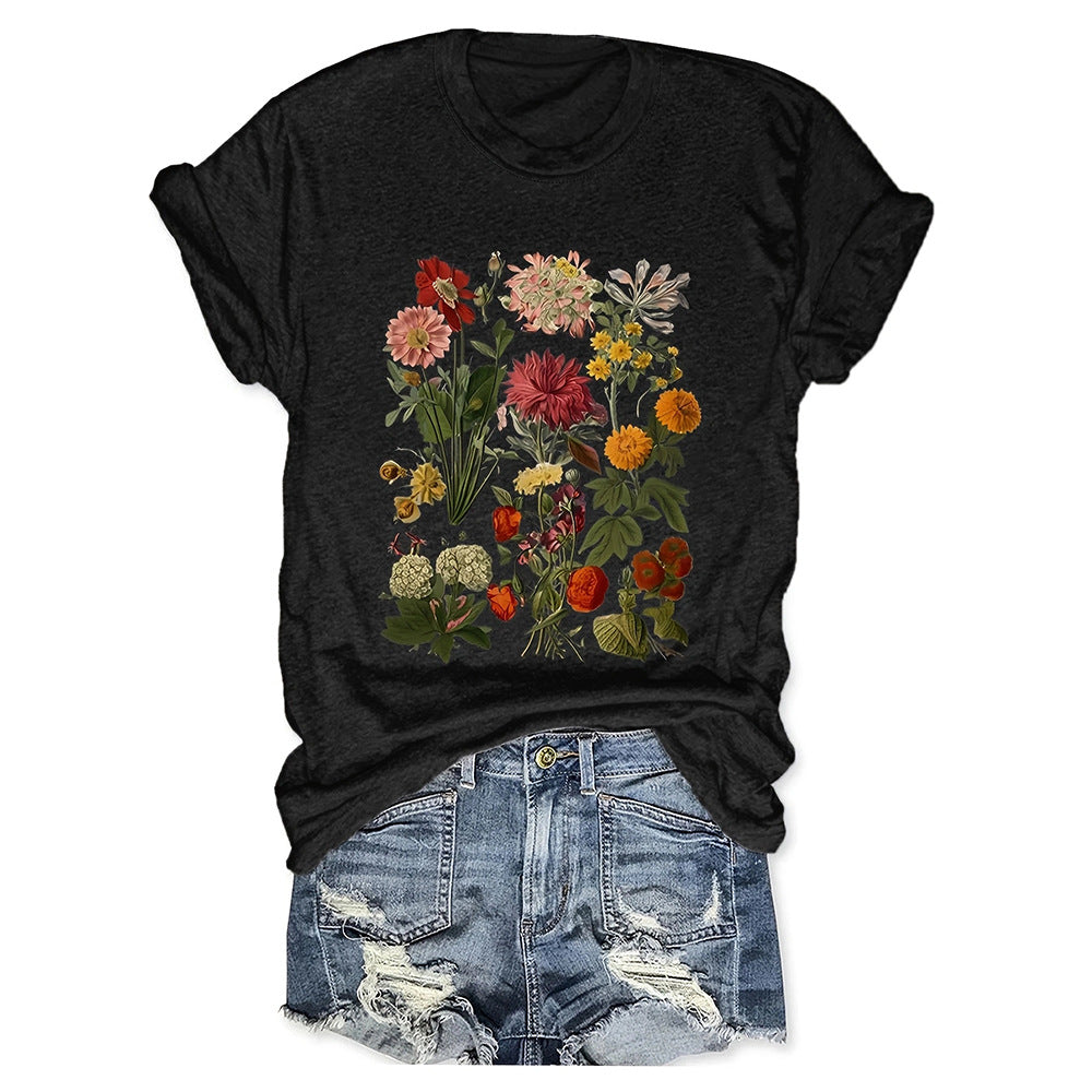 Flower Plant Print Casual Loose Round Neck Short Sleeve - cas7m