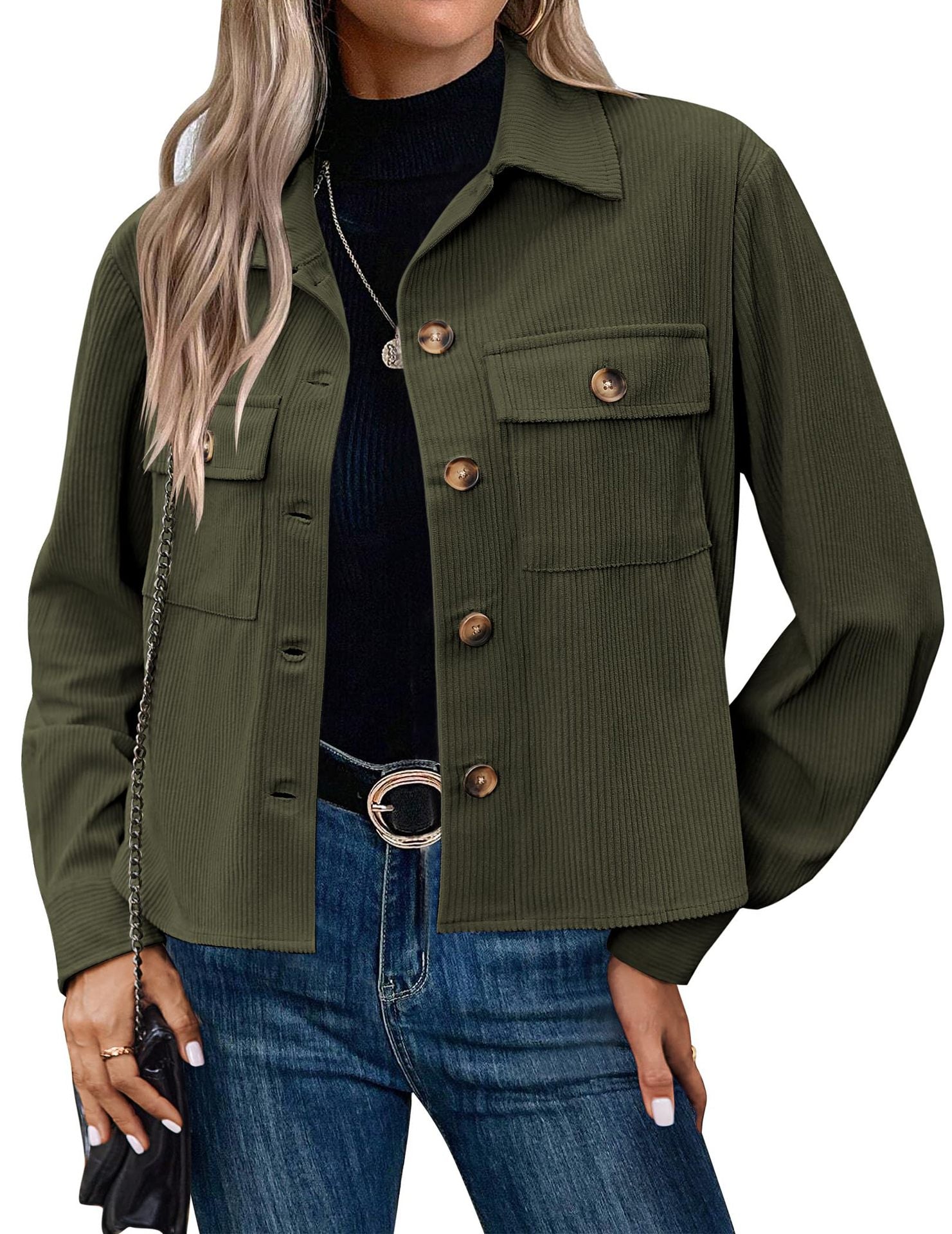 Corduroy Button Cropped Jacket For Women - cas7m