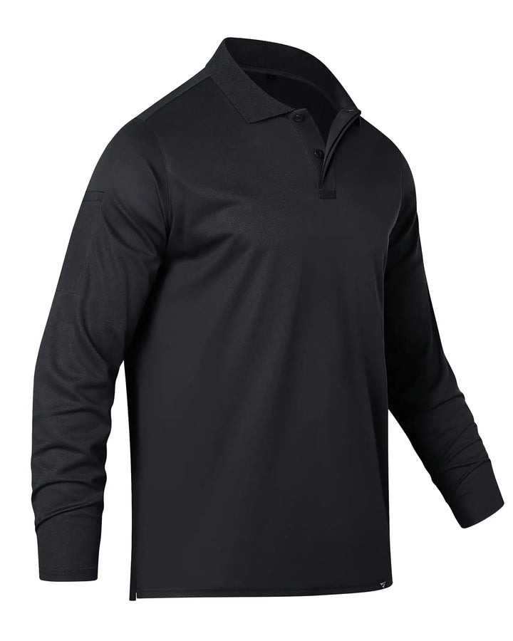 Black long-sleeve polo shirt on a white background