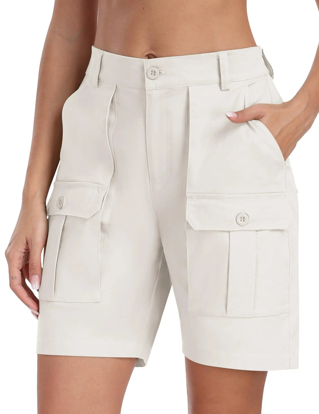 MoFiz Womens Cotton Cargo Bermuda Shorts 7" Hiking Golf Walking Travel Shorts Knee Length Long Casual Summer Chino Shorts with Pockets White 2XL