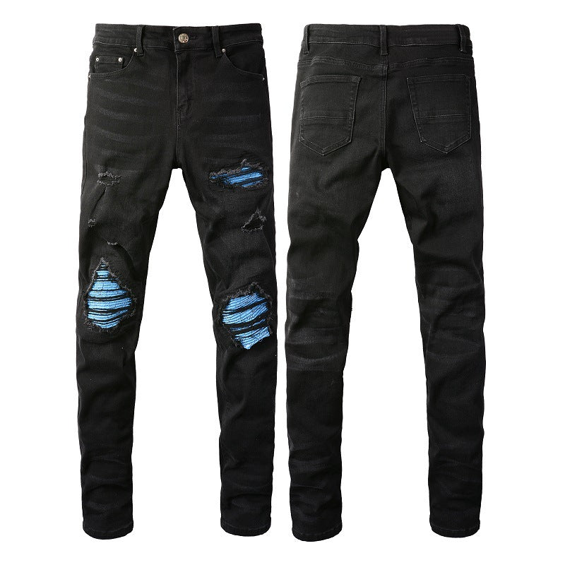 Trendy Brand Ripped Patch Jeans Patch Elastic - cas7m