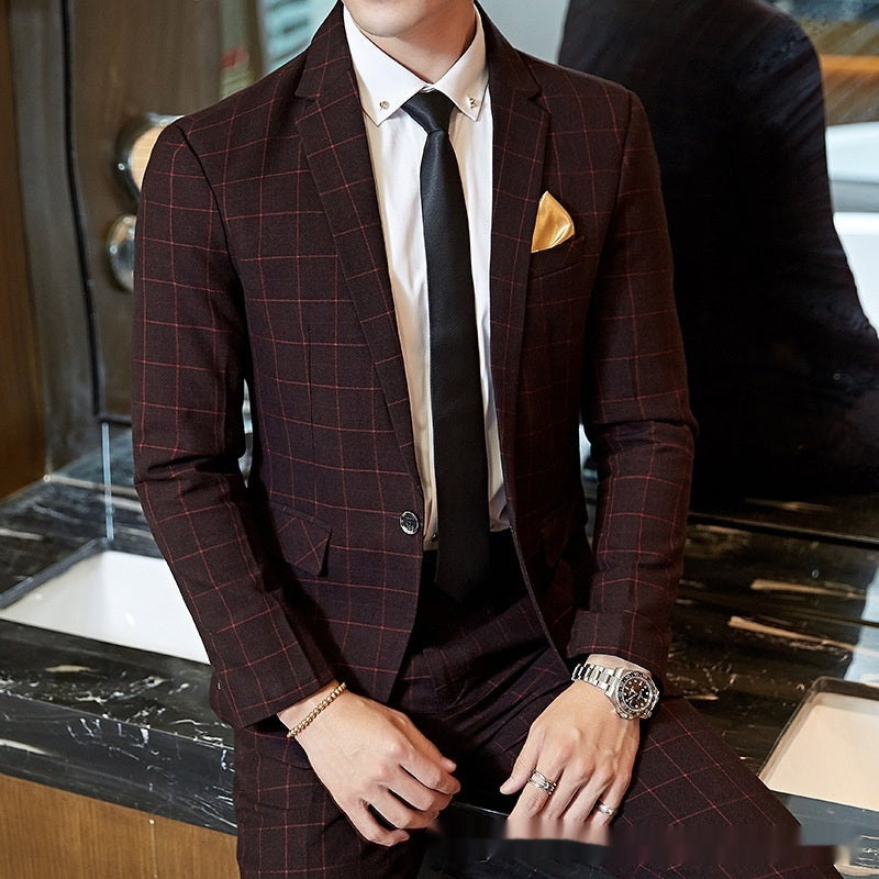 Men's Korean-style Business Suit Slim-fit Plaid Casual Wear - cas7m