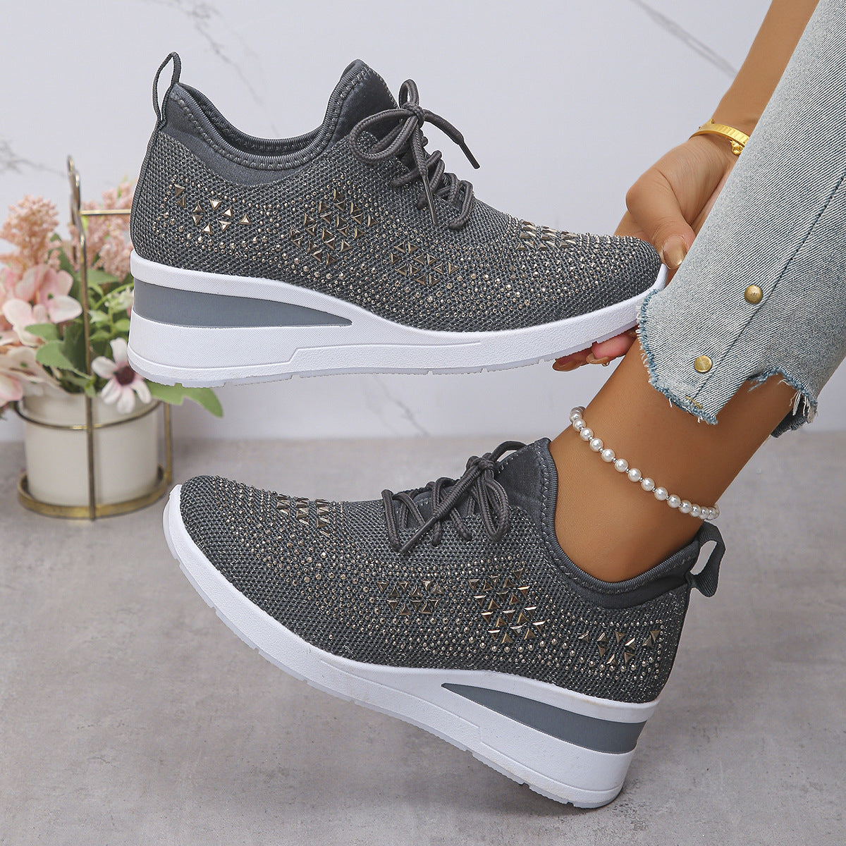 Ins Rhinestone Sneakers Fashion Lace Up Wedges Casual Shoes Women's Daily Commuting Sports Shoes - cas7m
