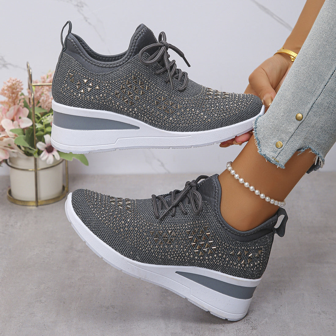 Ins Rhinestone Sneakers Fashion Lace Up Wedges Casual Shoes Women's Daily Commuting Sports Shoes - cas7m