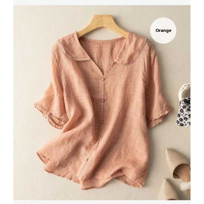 Women's Ramie Artistic Retro Cotton And Linen Doll Collar Loose Top - cas7m