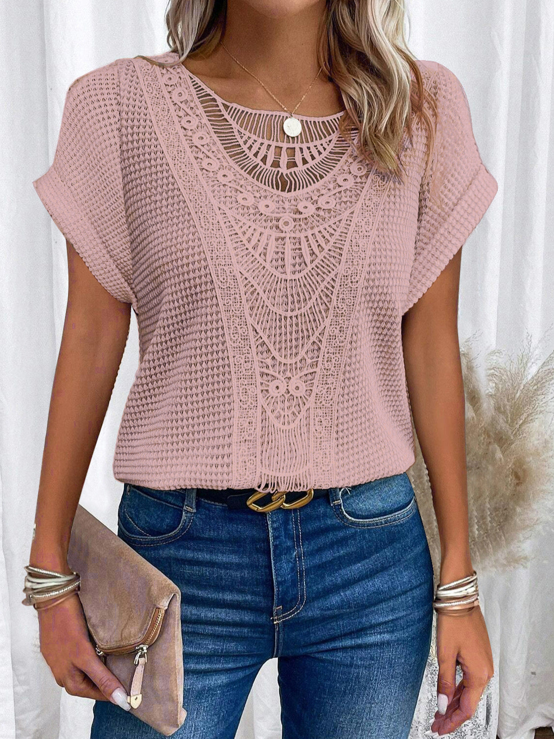 Independent Site Hollowed Lace Patchwork Plus-size Short-sleeve T-shirt Cross-border - cas7m