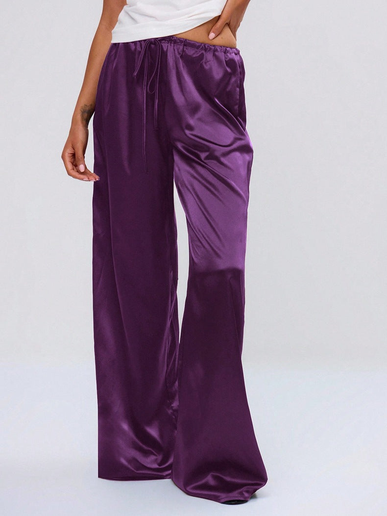 Satin Loose Wide Leg Drawstring Long Pants - cas7m