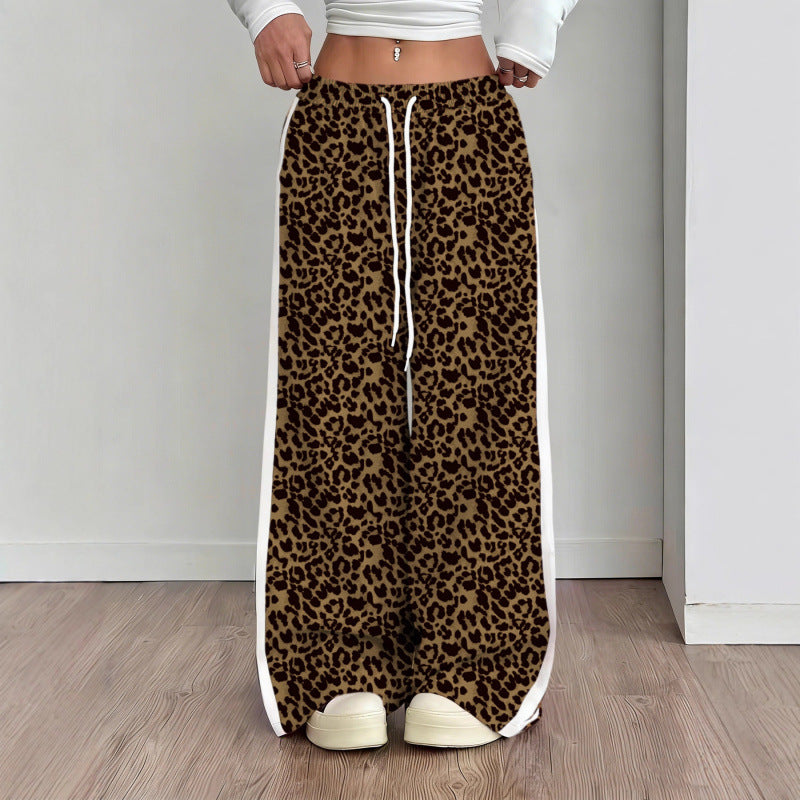 Stylish Leopard-print Patchwork Wide-leg Pants With A Relaxed Flowy Fit - cas7m
