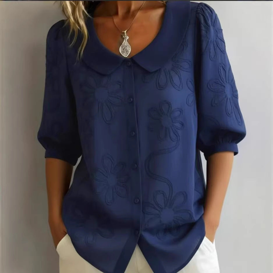 Loose-fit Retro Buttoned 3D Embroidered Floral Shirt - cas7m