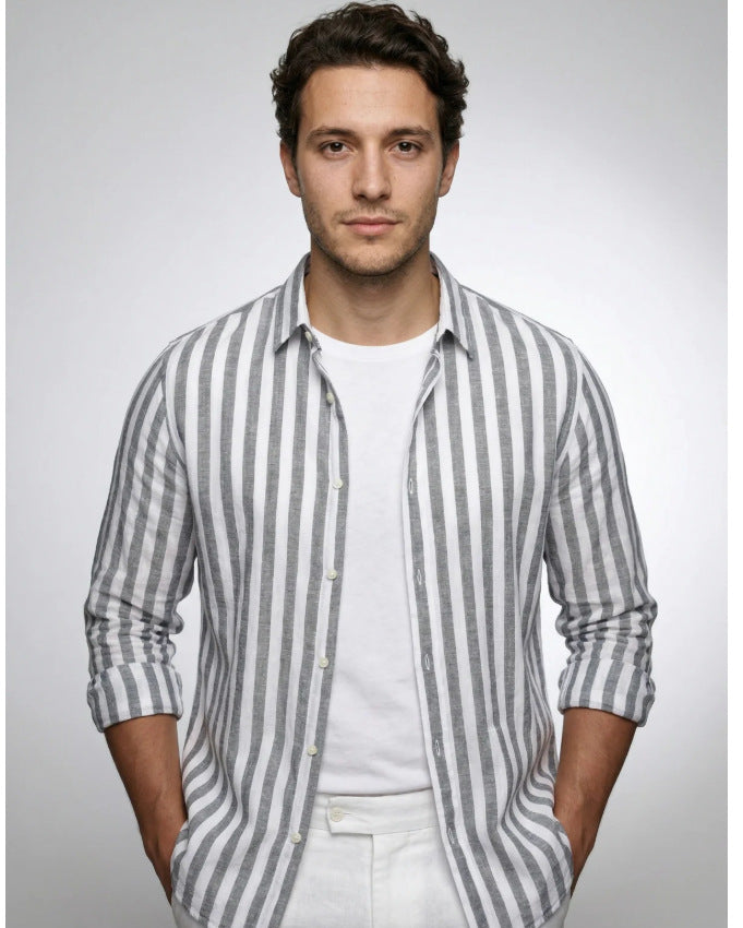 Striped Print Shirt Casual Loose Long-sleeved Shirt Men's Clothing - cas7m