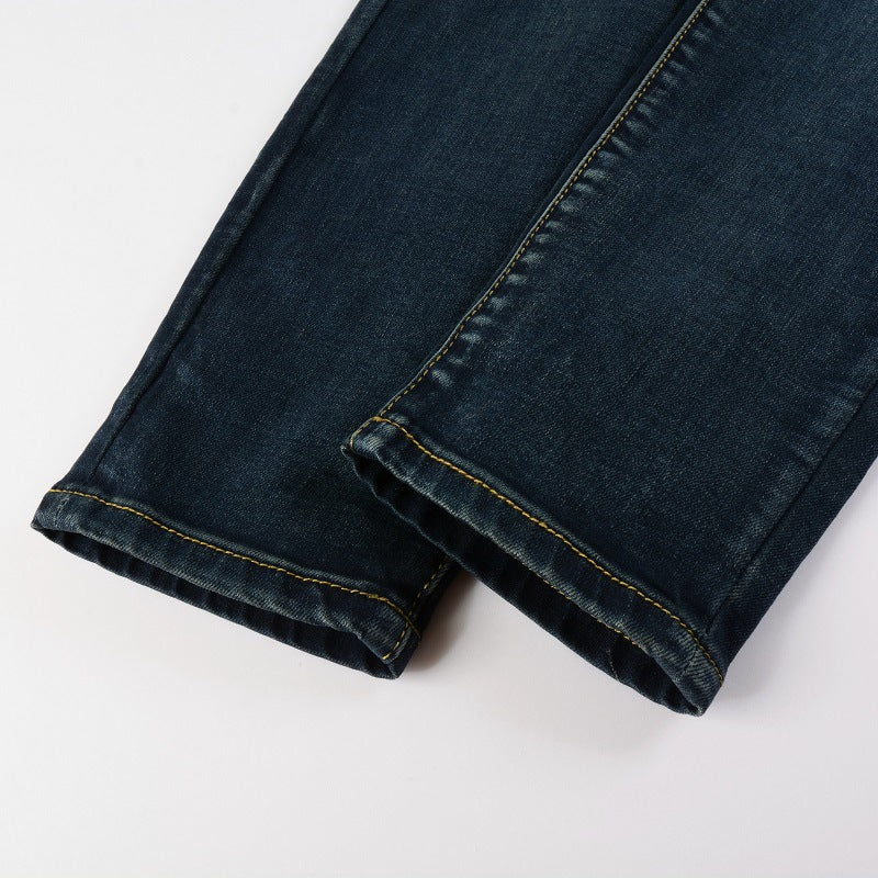 High Street Blue Ripped Leather Patchwork Men's Jeans - cas7m