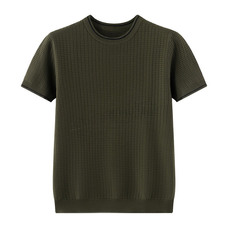 An olive green short-sleeve crewneck knit shirt with a textured waffle grid pattern, shown against a plain white background.