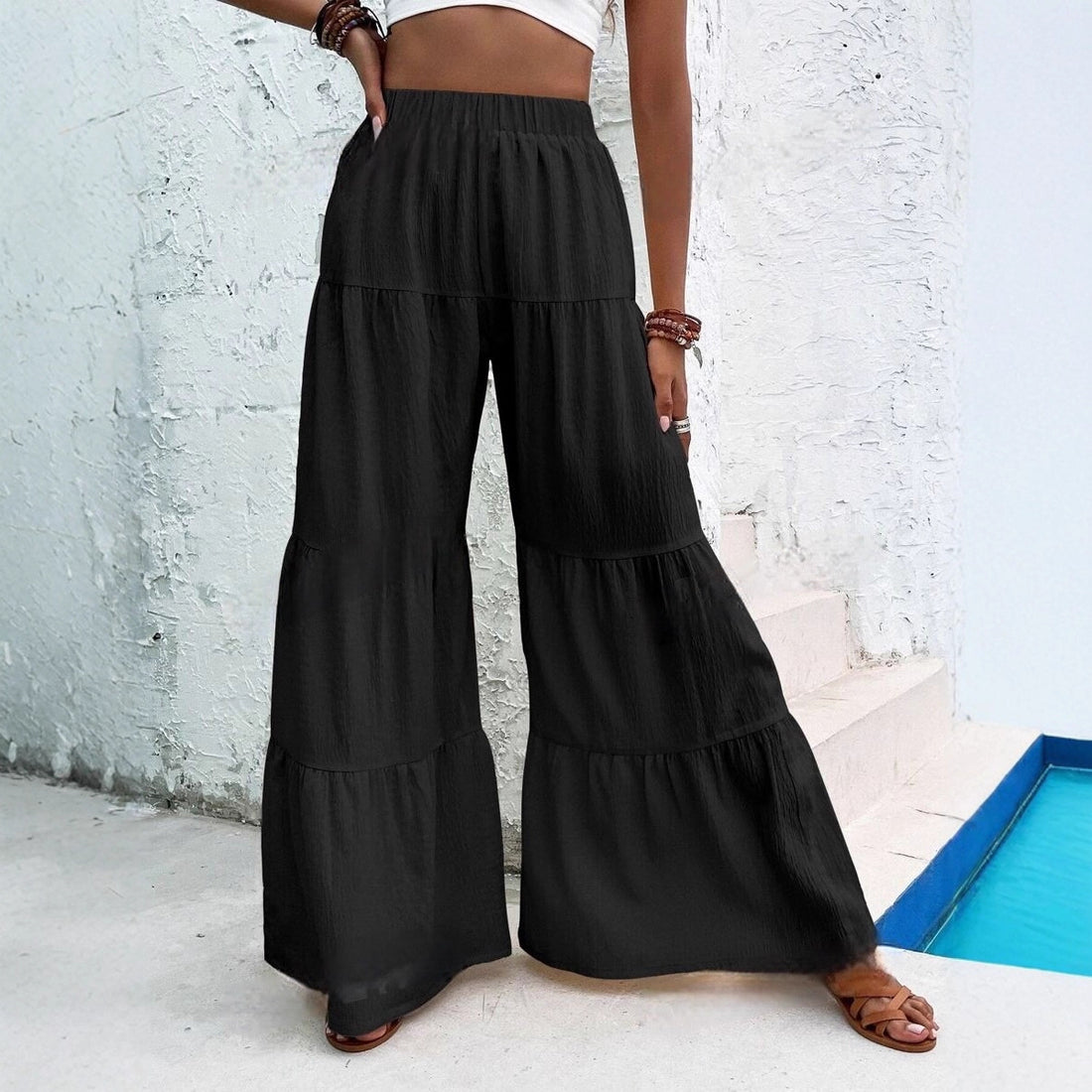 Pleated Elastic Waist Pants Female Wide-leg Casual Pants - cas7m