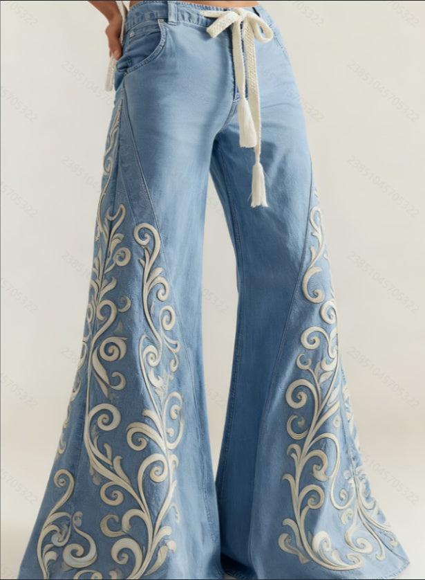 Women's Retro Patchwork Wide-Leg Pants, High-Waisted Drape Flared Pants, Ethnic Style Tie Casual Pants - cas7m