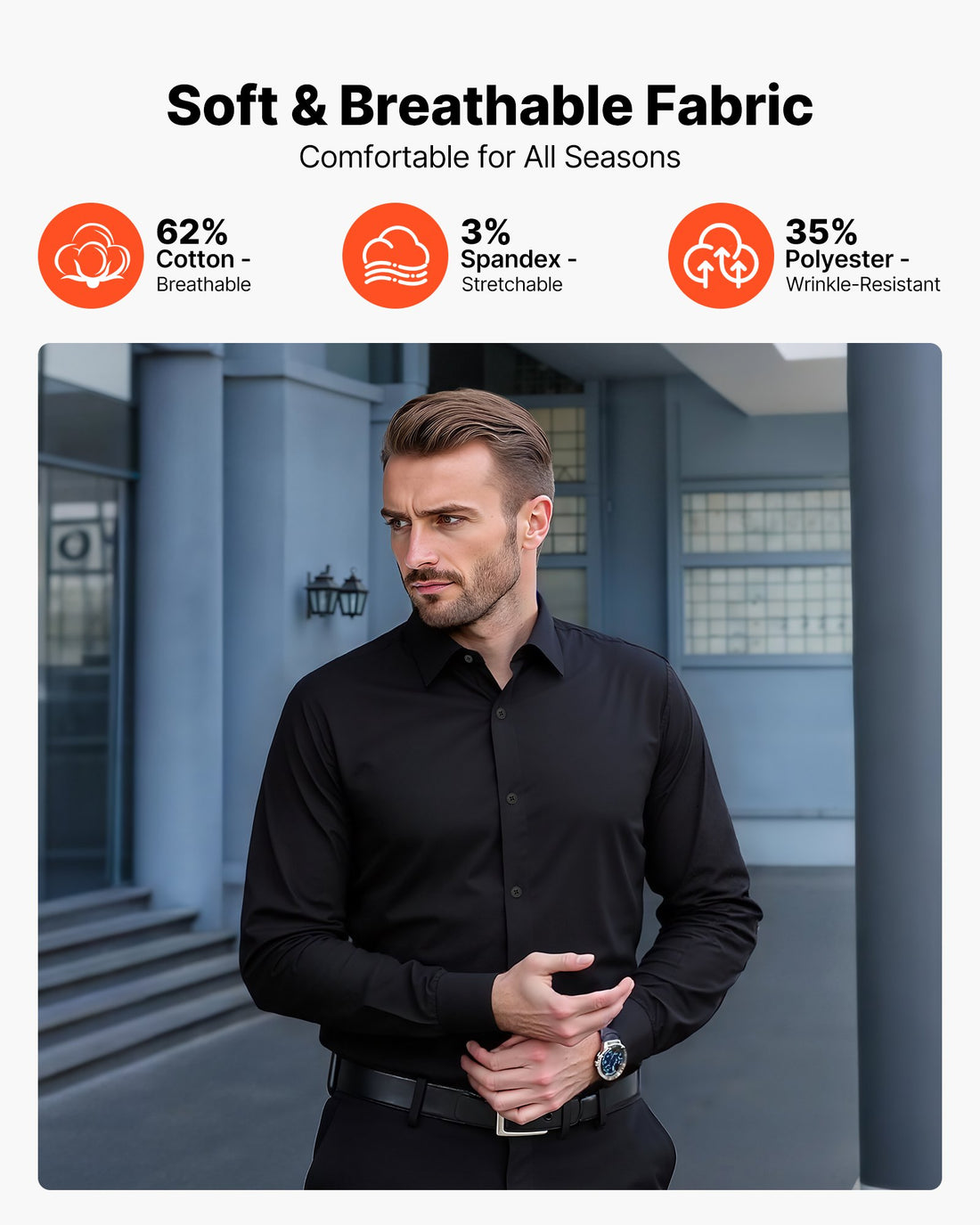 Men's Premium Stretch Cotton Shirt – Wrinkle-Free, Tailored Fit - cas7m