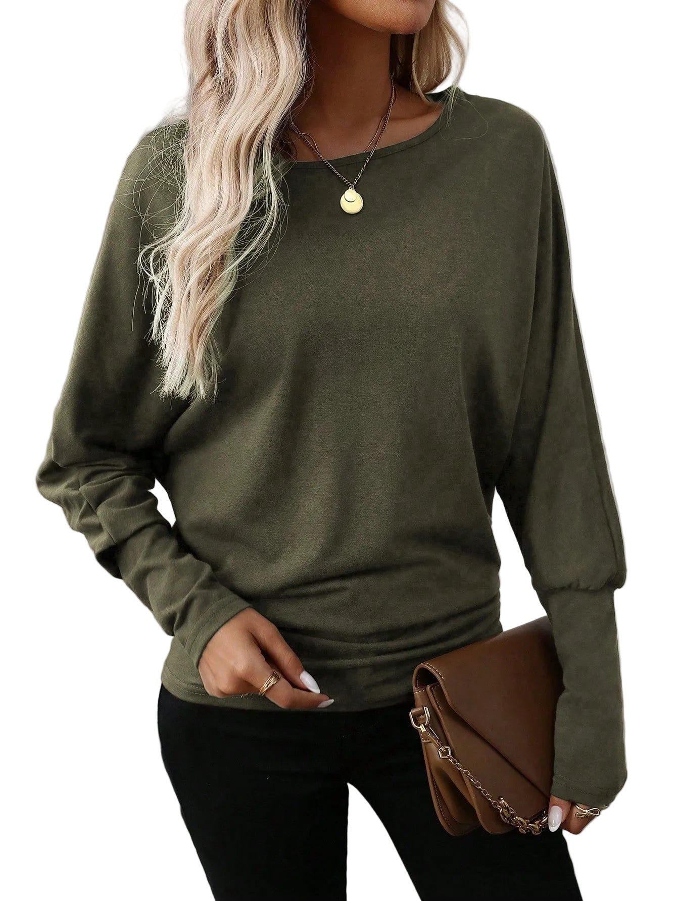 Women Solid Color Long Sleeve Minimalist Casual Top - cas7m
