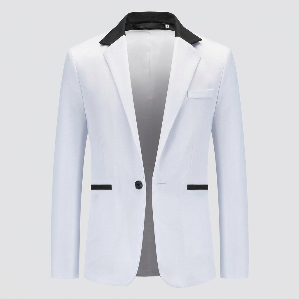 A white men's blazer jacket with black contrast trim on the collar, pocket flaps, and single button, shown on a plain white background.