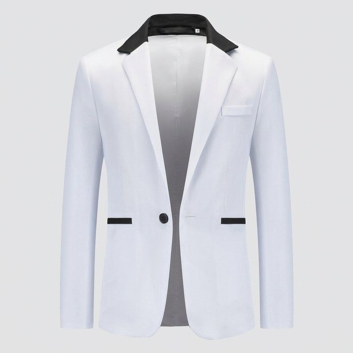 A white men's blazer jacket with black contrast trim on the collar, pocket flaps, and single button, shown on a plain white background.