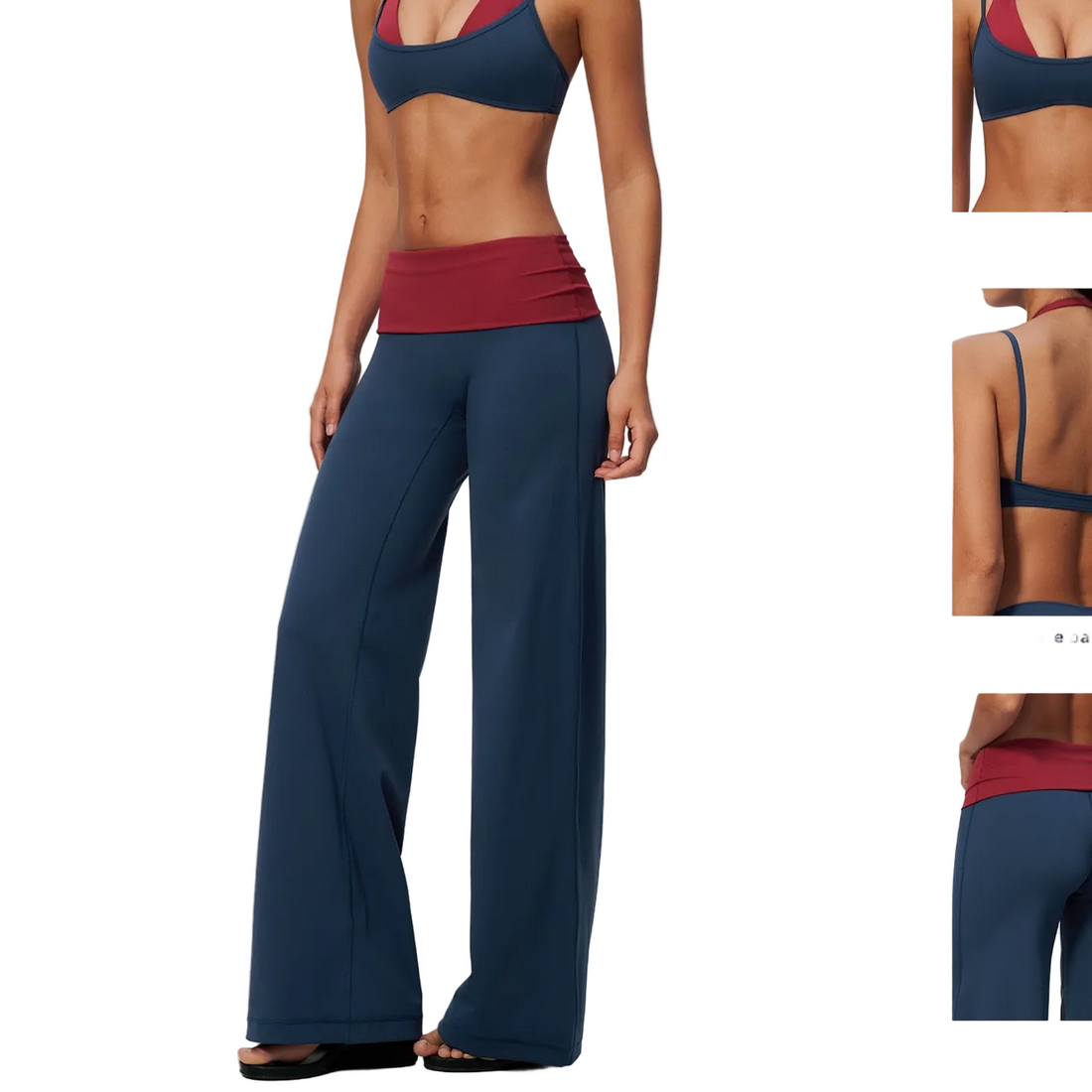 A model wears a two-piece activewear set featuring navy blue wide-leg pants with a contrasting dark red ruched waistband and a matching navy sports bra. The image includes a main front view, a back view inset, and a color options chart on a light gray background.