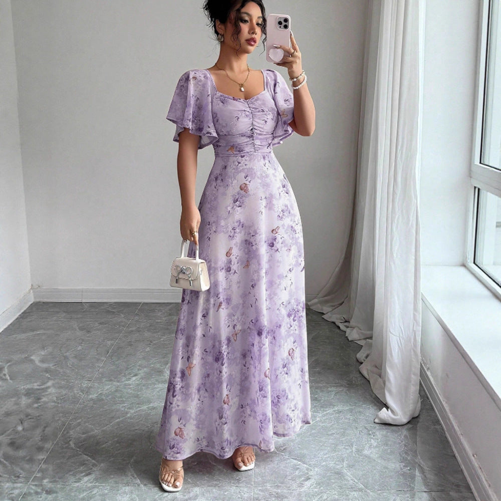 Flowers Printed Lotus Sleeve Dress Summer Elegant Slim Dresses Women's Clothing - cas7m