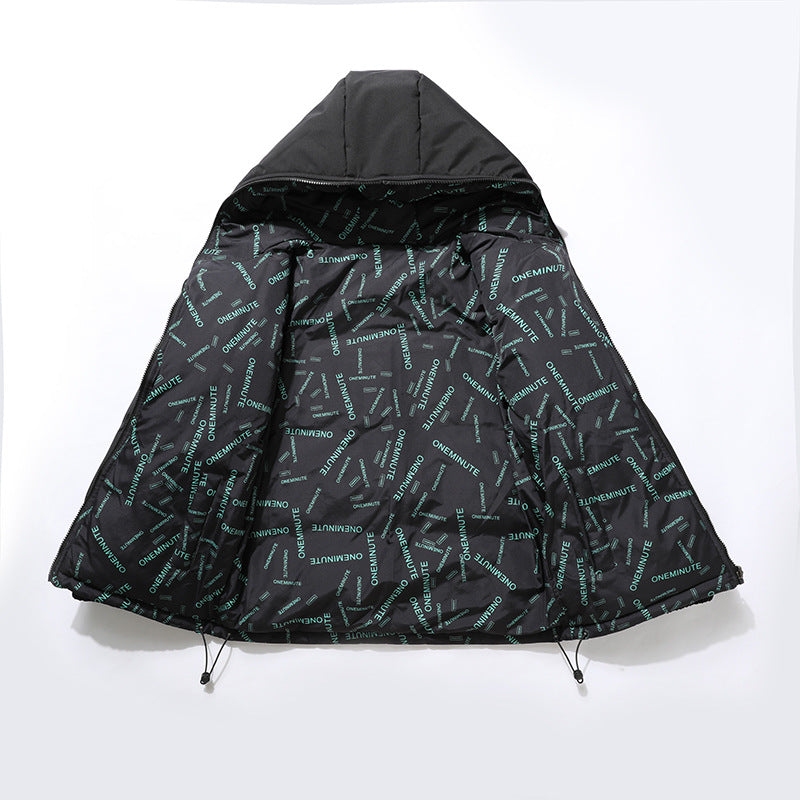 A black hooded puffer jacket with an allover green and white diagonal text pattern, displayed flat against a white background.