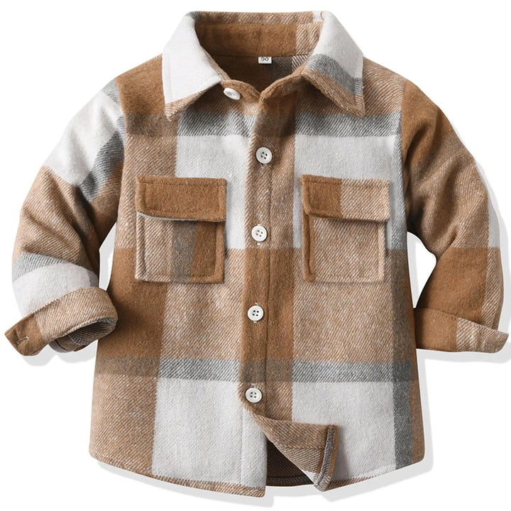 Plaid shirt with brown, beige, and white pattern on a white background