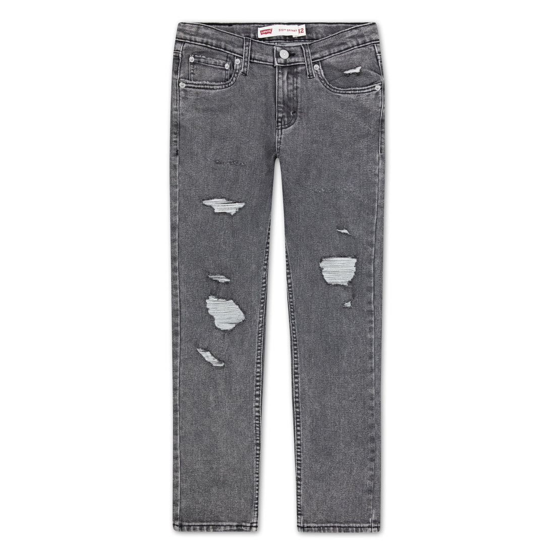 Gray washed denim jeans with distressed rips on the thighs, shown flat against a white background.
