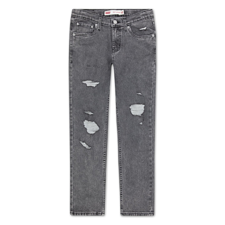 Gray washed denim jeans with distressed rips on the thighs, shown flat against a white background.
