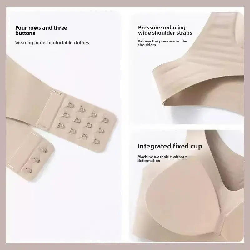 A four-panel product feature graphic showing a beige underwire bra or bra insert detail: close-up of the back strap with multiple buttons, wide shoulder strap relief, and the integrated fixed cup. Text highlights comfort, pressure reduction, and machine washability.