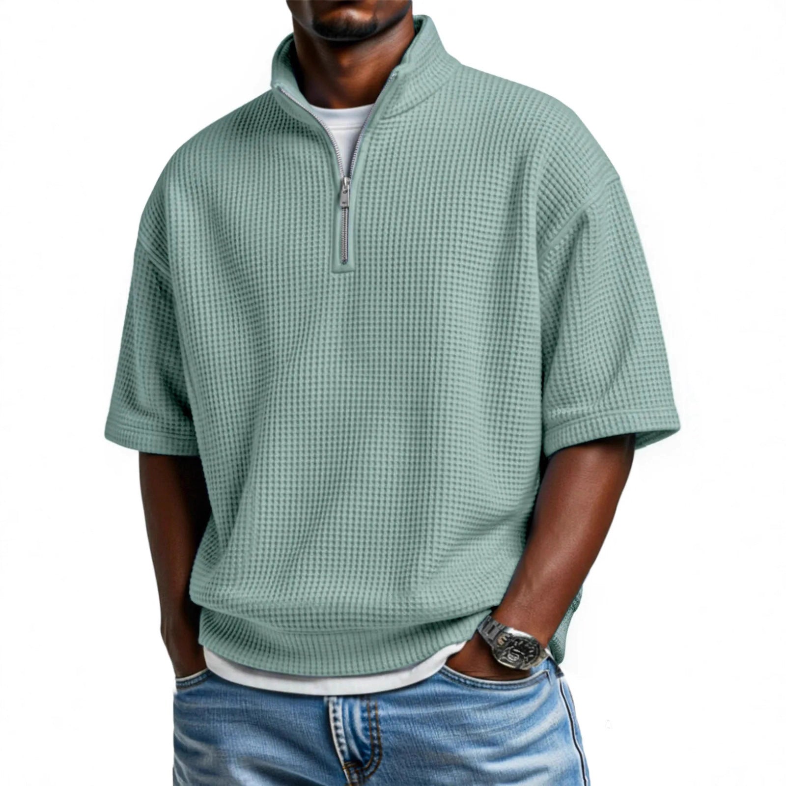 Waffle-knit Short-sleeve Polo Shirt For Men Loose-fitting Half-zip T-shirt - cas7m