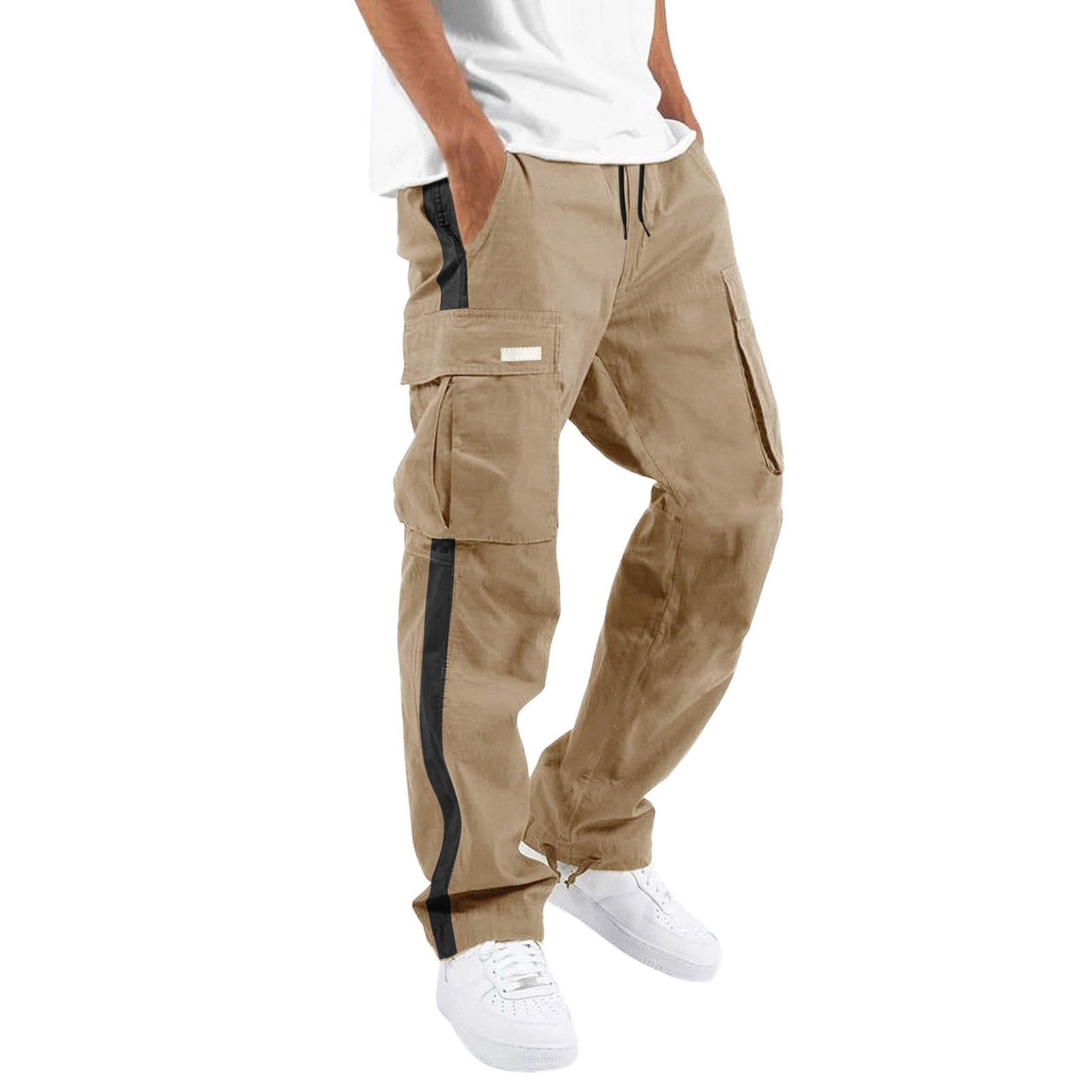 Men's Fashion Casual Drawstring Drawstring Pocket Color Blocking Pants - cas7m