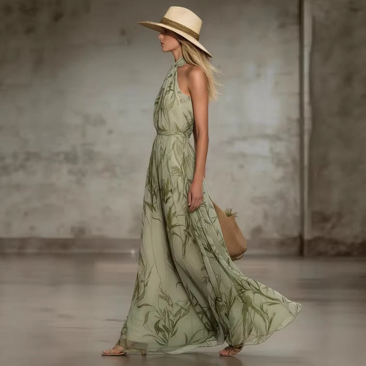 Elegant Leaf-print Off-shoulder Neckline Chiffon Sleeveless Long Dress For Women - cas7m