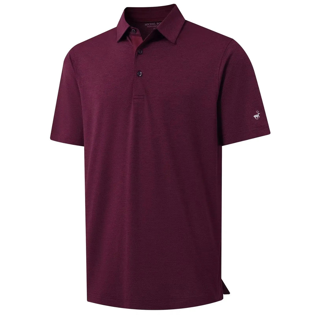 A short-sleeve polo shirt in heathered burgundy with a two-button placket and a small embroidered logo on the left sleeve, shown on a plain white background.
