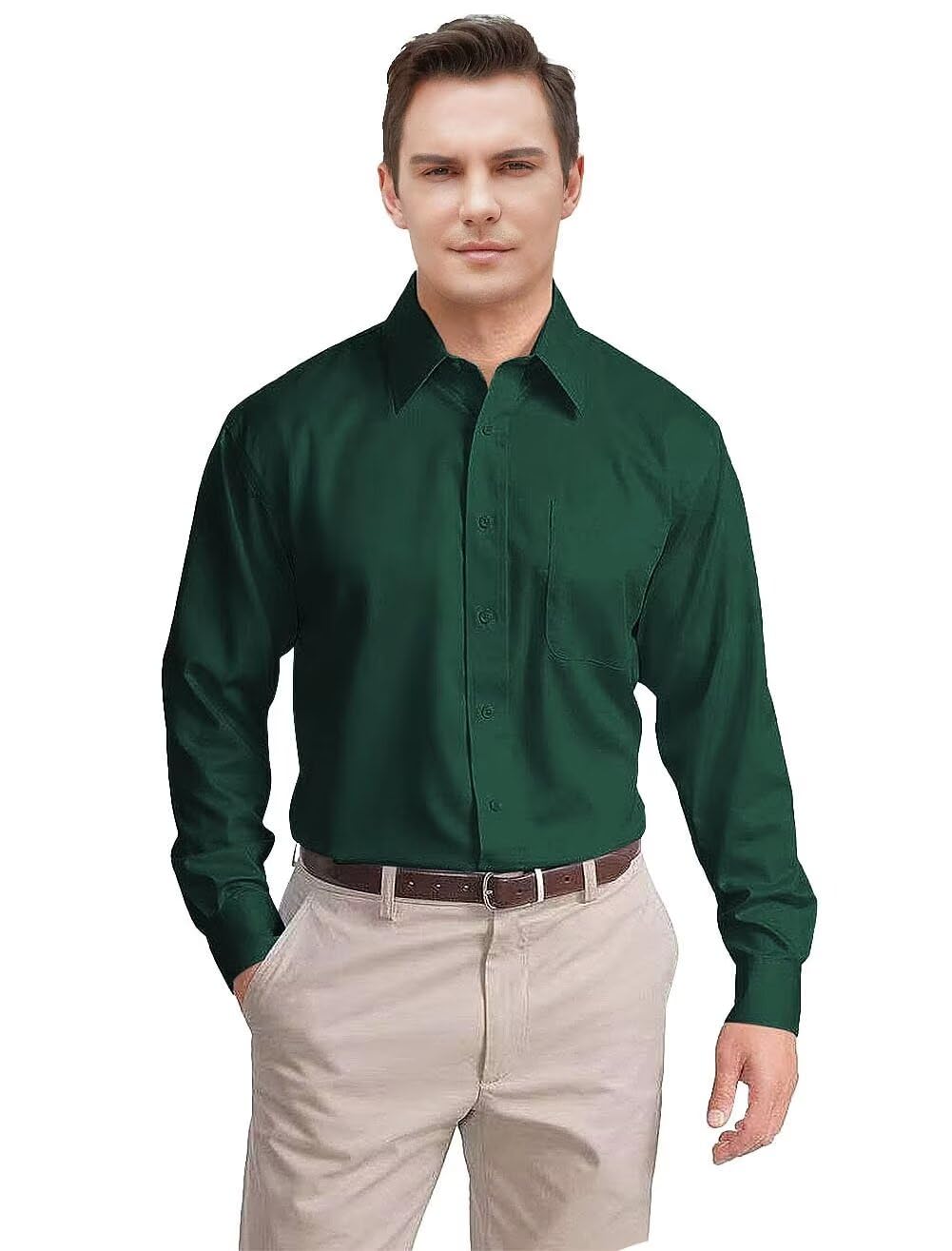 Man wearing a green dress shirt and beige pants on a white background