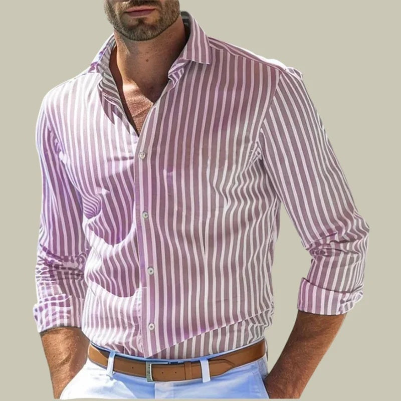 Ins Stripe Printed Long Sleeve Shirt Men Fashion Casual Lapel Button Top Clothing - cas7m