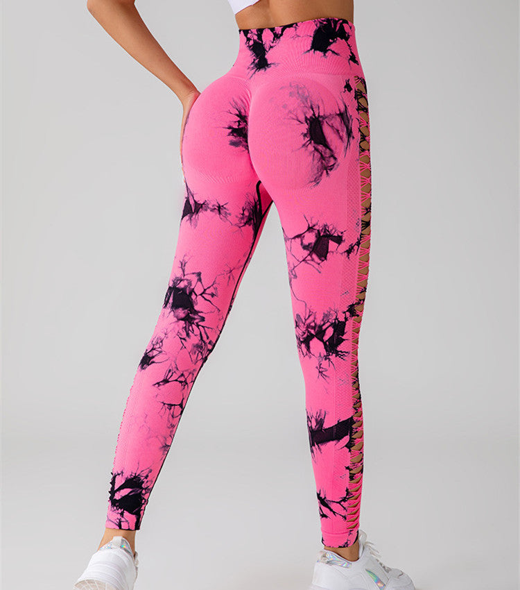 Hollow Tie Dye Printed Yoga Pants High Waist Butt Lift Seamless Sports Gym Fitness Leggings Slim Pants For Women Tight Trousers - cas7m