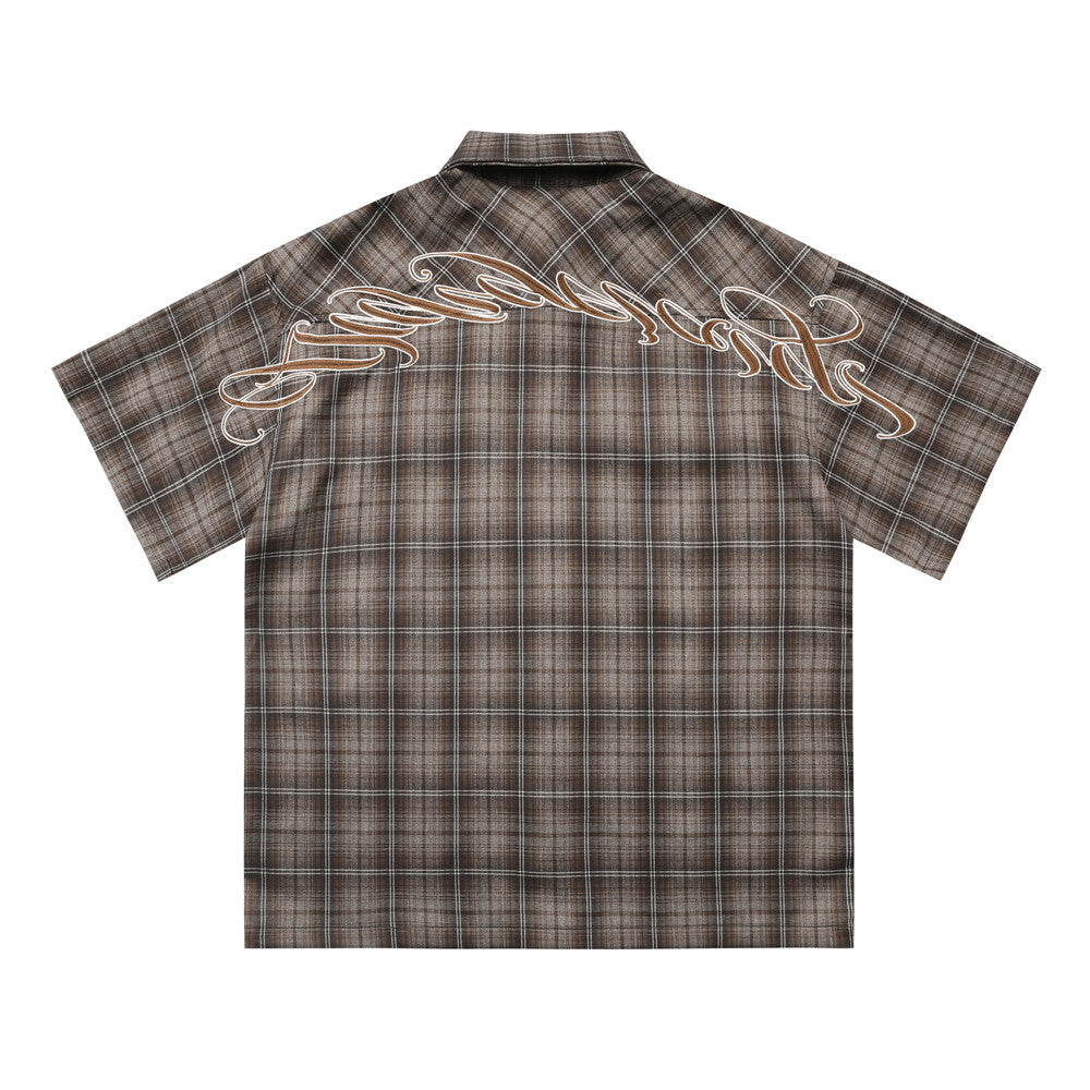 Letter Embroidered Short Sleeve Plaid Shirt Lapel Loose Shirt - cas7m